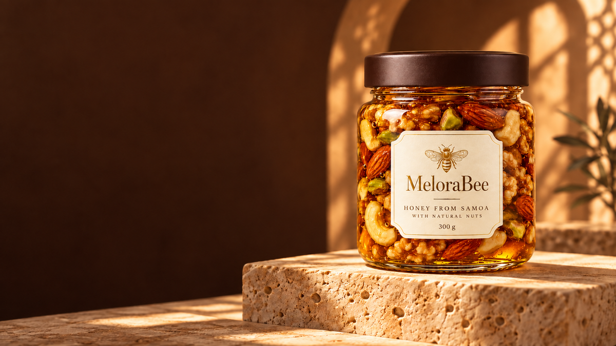 MeloraBee honey from Samoa with natural nuts in warm golden light